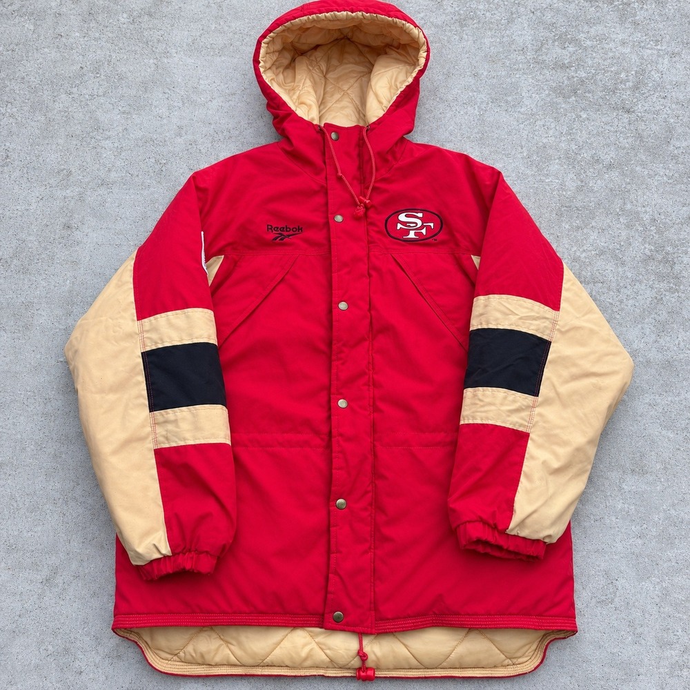 Vintage Reebok San Francisco 49ers NFL Sideline Parka Jacket Red Gold M